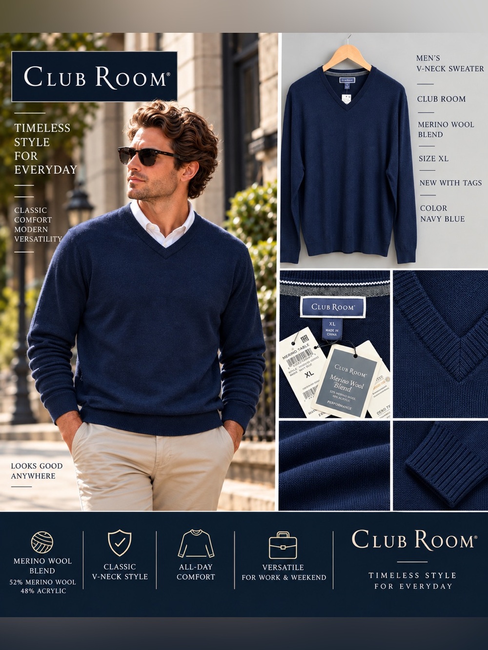 Club Room Men’s Navy Blue Merino Wool Blend V-Neck Sweater XL NWT